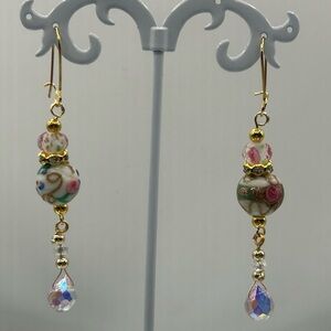 Vintage Wedding Cake Beads, Art Glass & Crystals Gold and Pink Beaded Earrings
